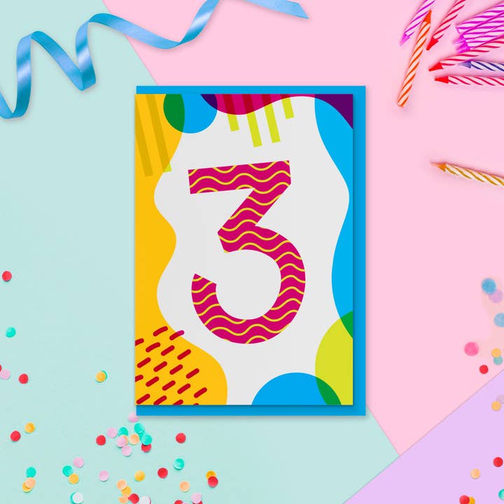 Age 3 Colourful Geometric Pattern Kids Birthday Card for wholesale by Jane Katherine Houghton Designs