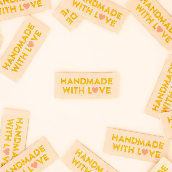 Sarah Hearts - Wholesale Craft Supplies - Handmade with Love Gold Sewing Woven Labels Tags