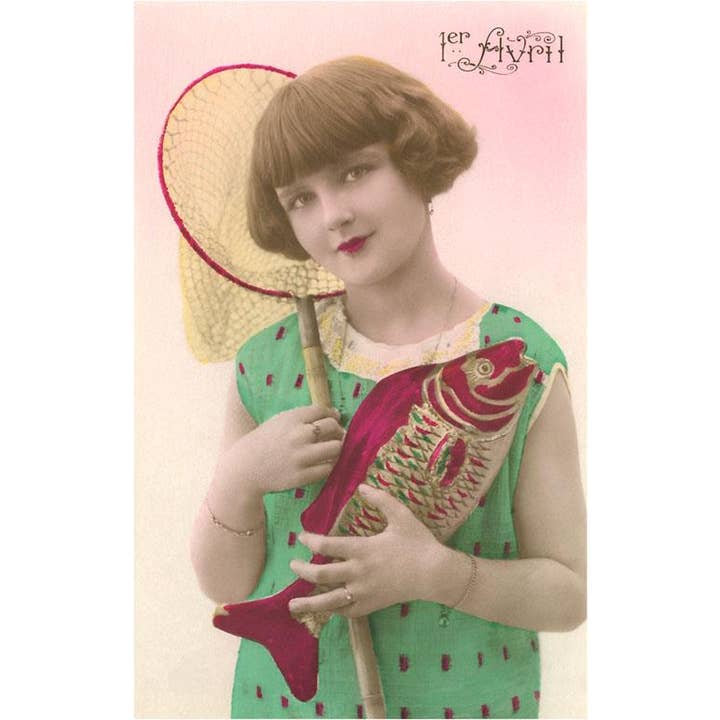 Magnet FE-74 Abril, Rapariga a Segurar Rede e Peixe Falso por atacado de Found Image Press