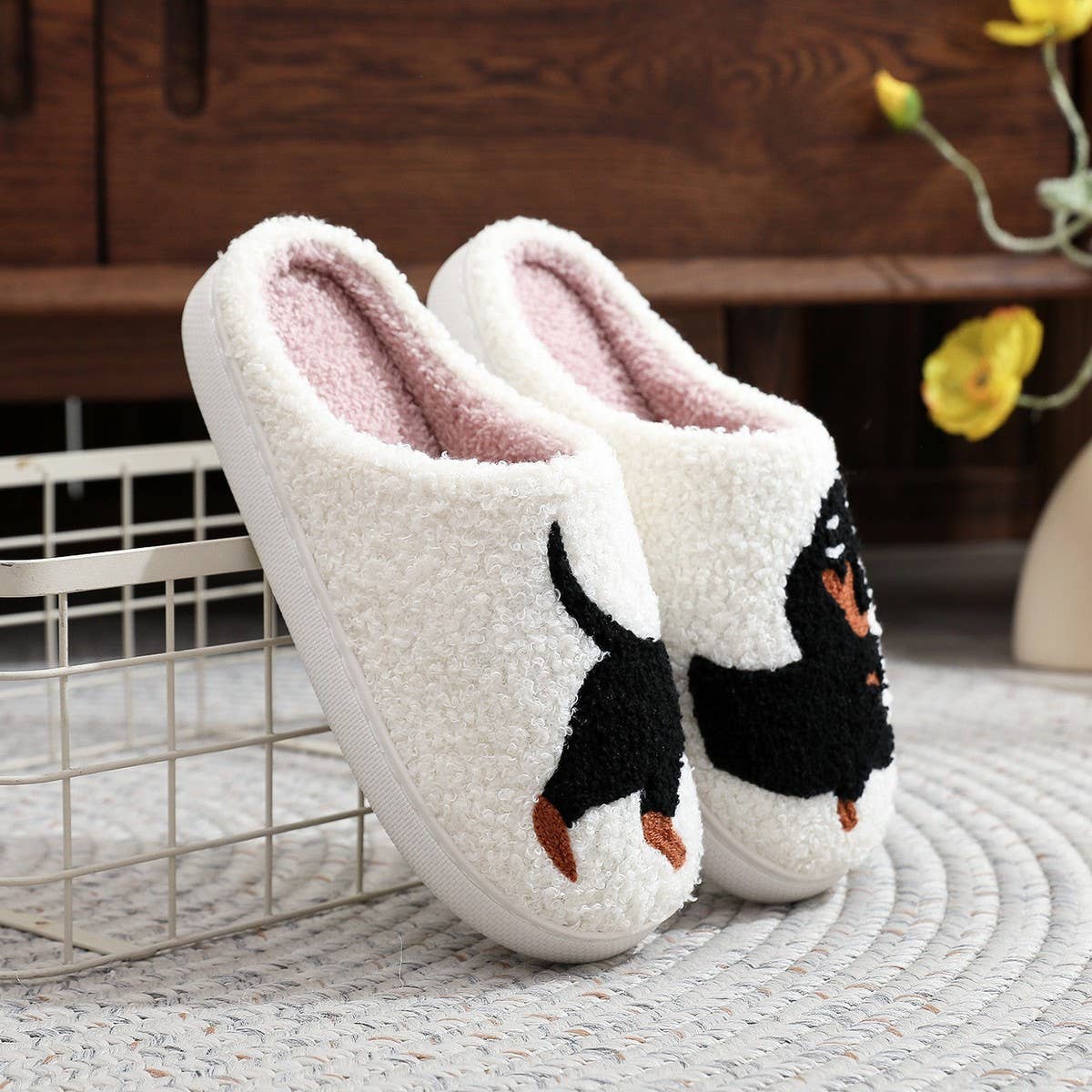 White POPULAR DACHSHUND EMBROIDERED COTTON SLIPPERS_CWSHS0769 for wholesale on Faire2
