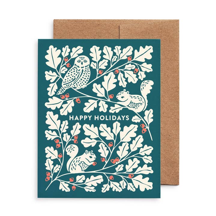 Owl & Squirrels Oak Tree Christmas Card: Original Art for wholesale by Nuthatch Studio