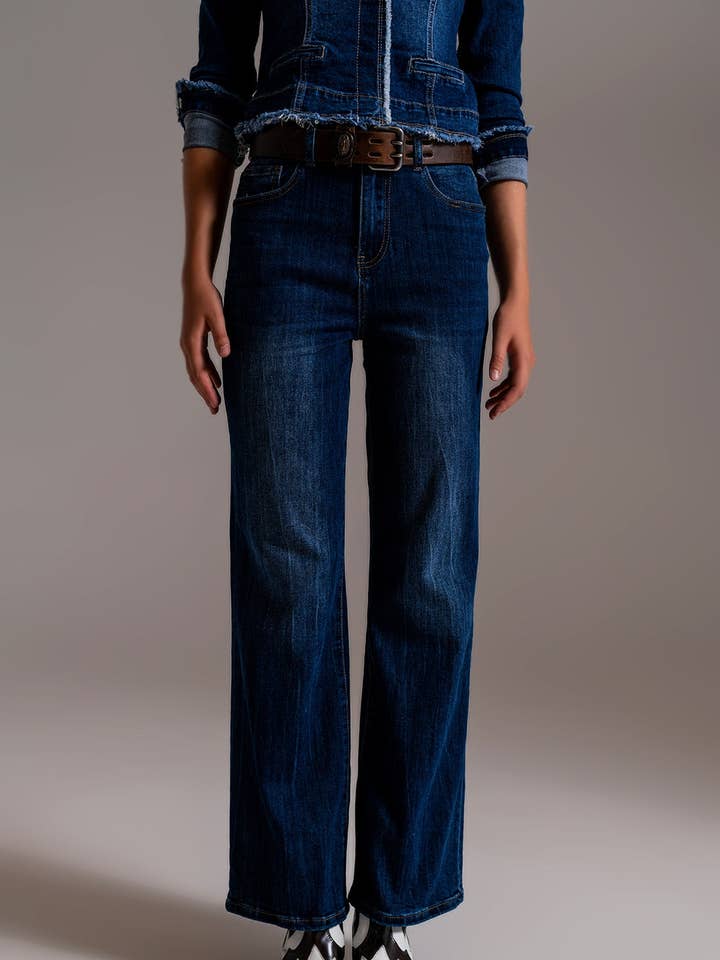 Wide Leg 70`s Jeans in Mid Wash Blue for wholesale by Q2—All Orders:Free Duties for the US,UK,and Canada
