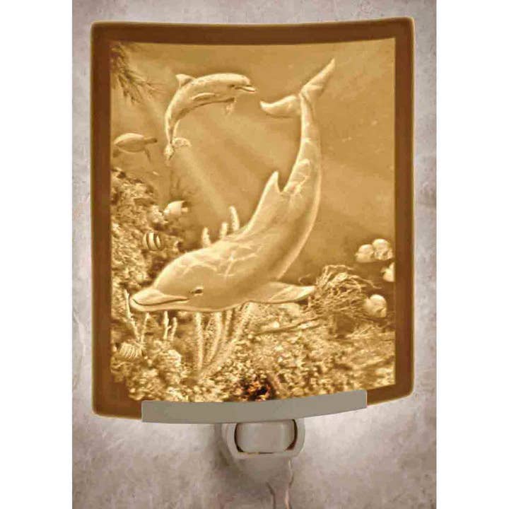 Dolphins Porcelain Lithophane Night Light for wholesale by The Porcelain Garden Inc.