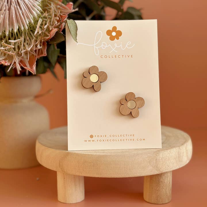 Foxie Collective - Wholesale Stud/Post Earrings - Moon Flower Midi Stud Earrings| Cherrywood + Gold | WHOLESALE