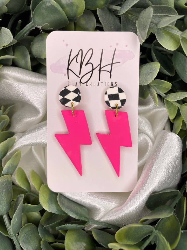 Checkered Pink Lightning Bolt Clay Earrings for wholesale by KBH CREATIONS