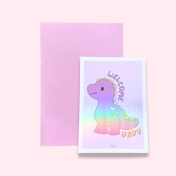 "Välkommen bebis" rosa dinosauriekort för wholesale av Atelier Naholi