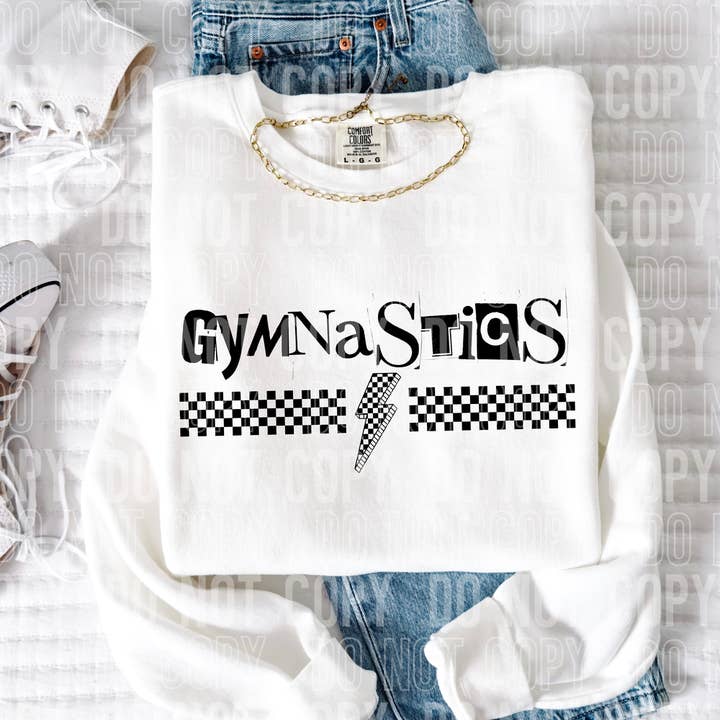 Gymnastics Checkered Bolt Word DTF Transfer for wholesale by K and M Designs