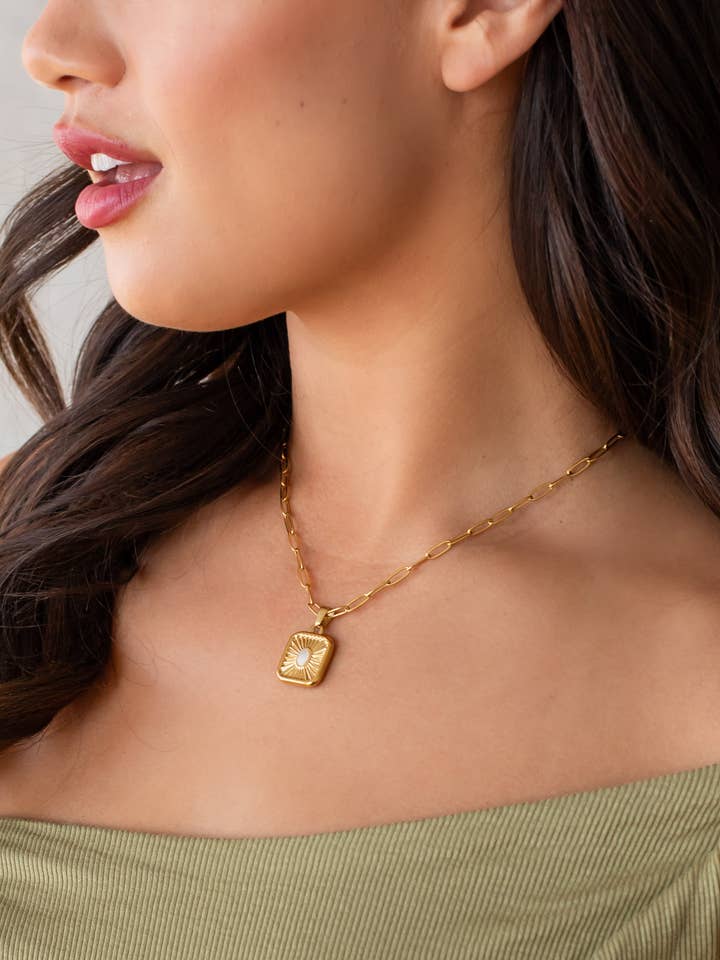 Luxe Gold Square Sun Pendant Necklace for wholesale by Panache Apparel Co.