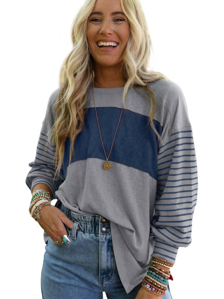 Suhkasana - Wholesale Tunic - Women's - Striped Colorblock Long Sleeve Casual Top for Women3