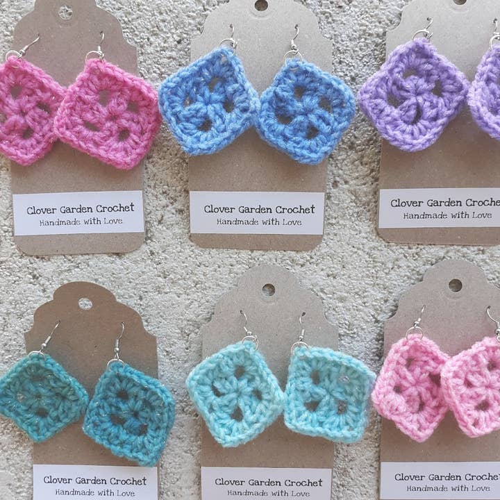 Granny Square Drop Earrings in Bright Sparkling Colors for wholesale by Clover Garden Crafts
