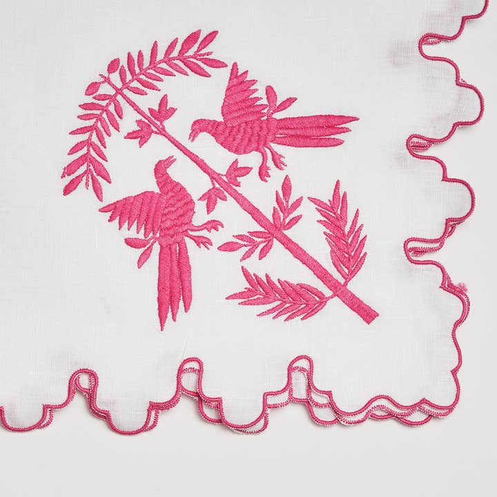 Pink bird dinner napkin for wholesale by Haute Home Linens