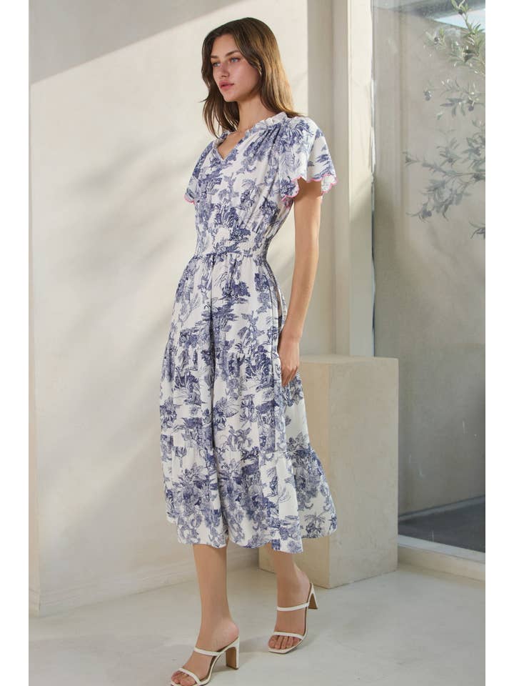 Blue Multi Plus Toi De Paris Printed Tired Midi Dress for wholesale on Faire