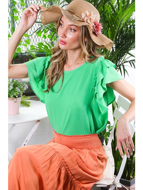 Vine & Love - Wholesale Blouse - Women's - Ruffle Detail Sleeve Round Neck Woven Blouse Top VT81609