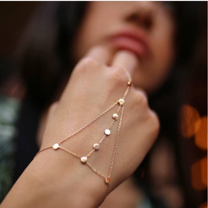 GOLD CIRCLE TRIANGLE FINGER BRACELET for wholesale by Sestra Jewelry