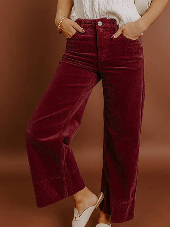 Burgundy Corduroy Solid Color High Waist Wide Leg Pants for wholesale by Lovesoft