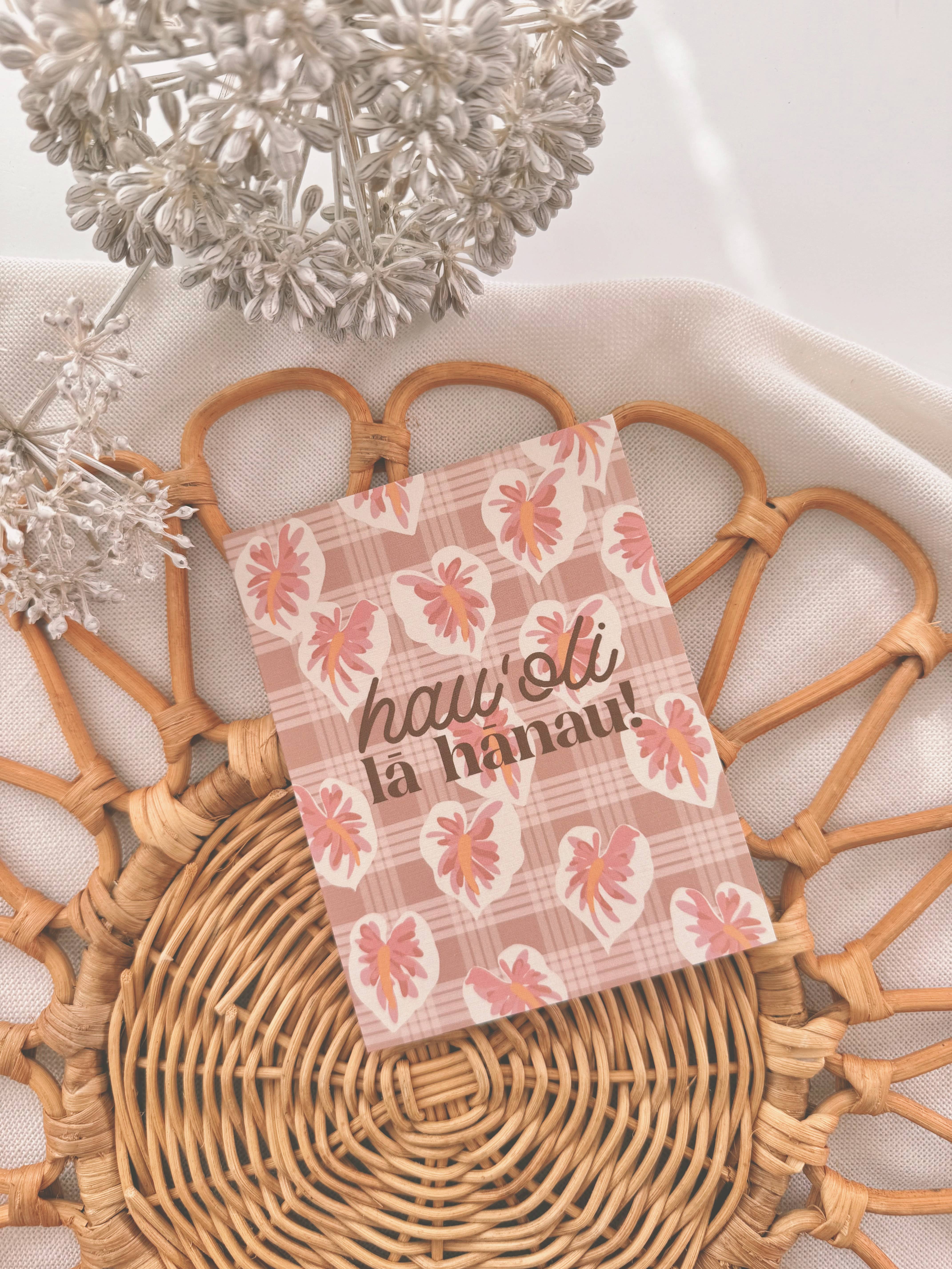 Bujo Bae - Wholesale Baby Card - Hau'oli Lā Hānau in White Hilo Anthurium | Greeting Card3