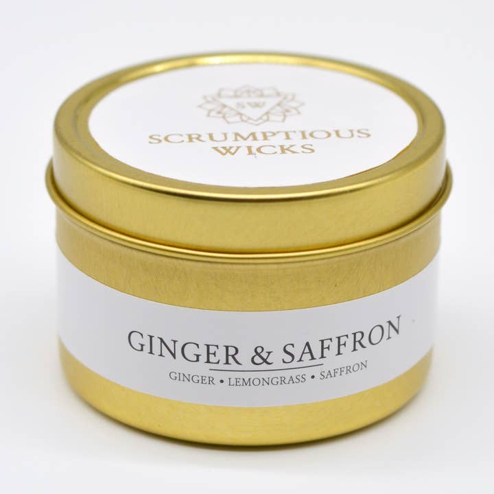 Ginger & Saffron 3.5oz soy/coconut wax gold tin candle for wholesale by Scrumptious Wicks