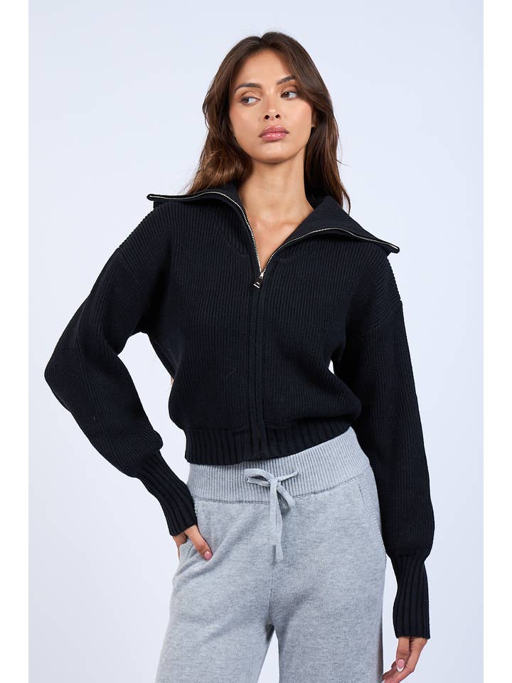 Sky to Moon - Wholesale Knit Sweater - Women's - SOLID COLOR WIDE COLLAR CROP ZIP SWEATER