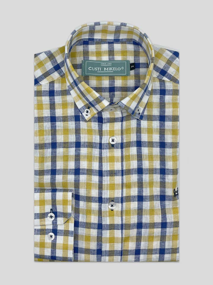 Custi Mikelo: Men's Clothing & Christmas Gifts - Wholesale Button Down Shirt - Men's - Linen Shirt Yellow Blue Check | Comillas1