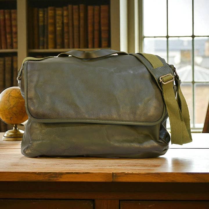 Bovine Leather Messenger Bag - Olive for wholesale by Misty Mountain Gaming