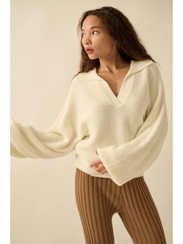Promesa USA - Wholesale Knit Sweater - Women's - Textured Ribbed Knit Split-Neck Collared Sweater8