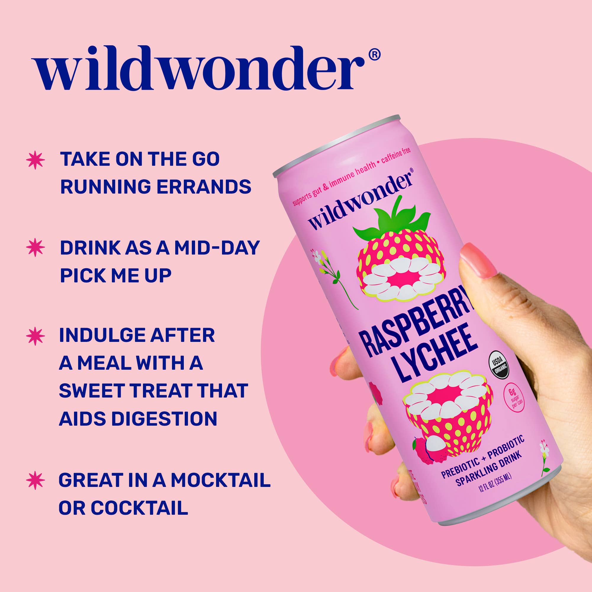 wildwonder - Wholesale Sparkling Water - Raspberry Lychee Sparkling Prebiotic + Probiotic Drink1