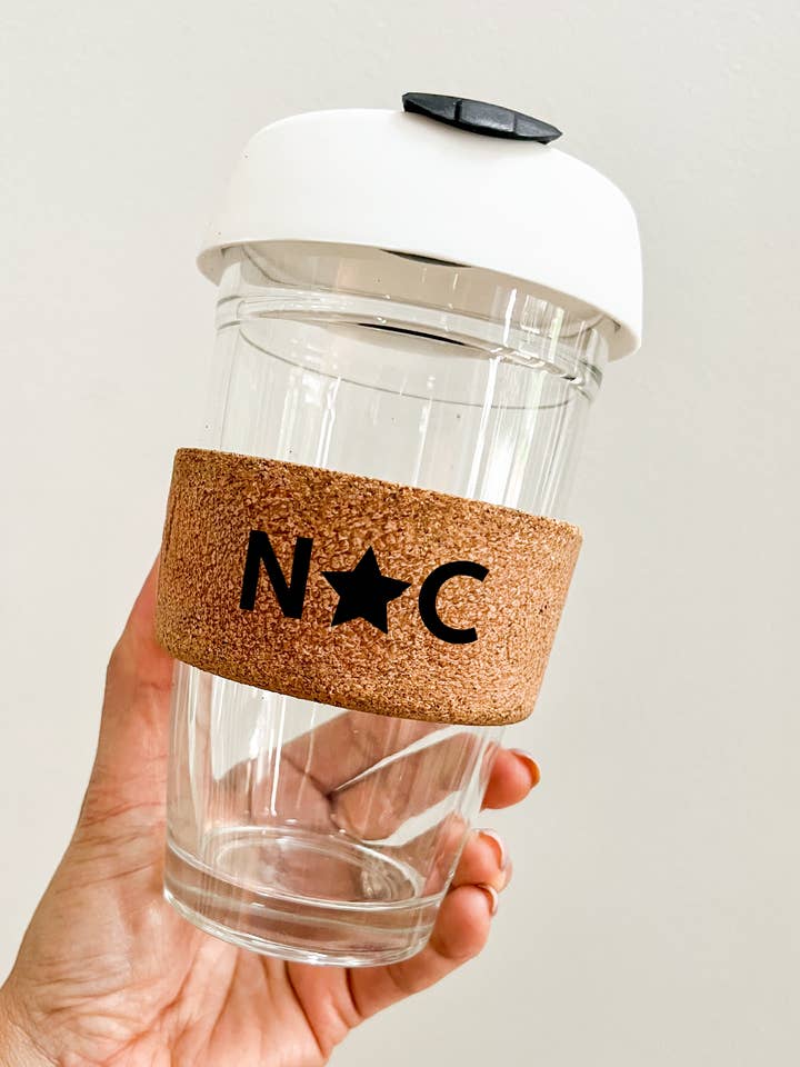 NC - On The Go 16 oz Glass Tumbler with Cork Sleeve for wholesale by Mae Designs LLC