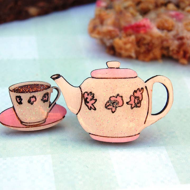 Tea Pot and Cup Pin Badges for wholesale by Bekbek Makes
