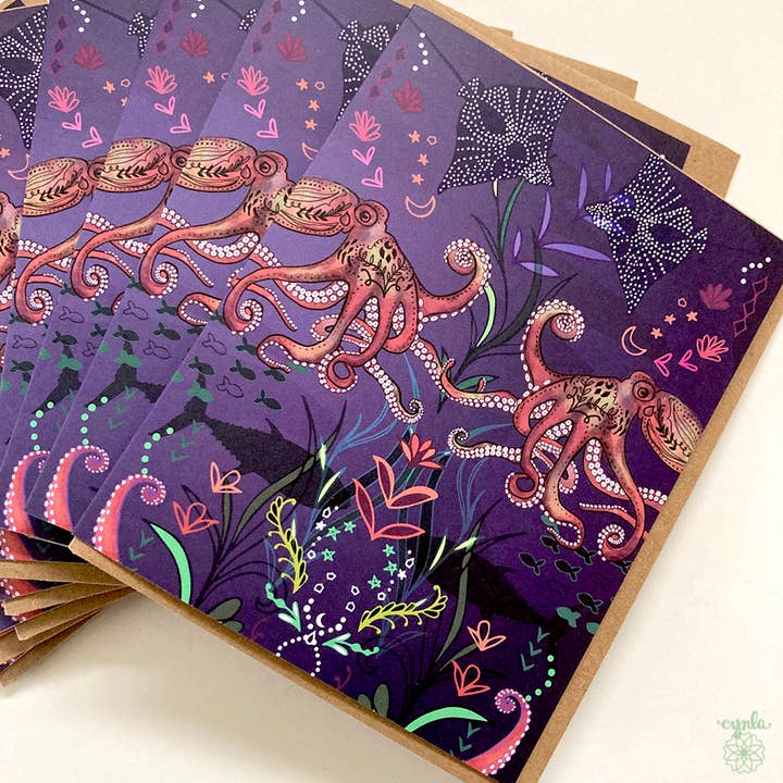 BOX of 8 Octopus Ocean cards - card blank pattern sea fish for wholesale by Cynla