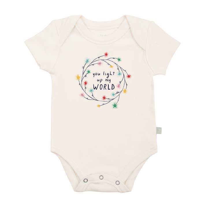 Christmas baby graphic organic bodysuit | light up my world for wholesale by Finn + Emma