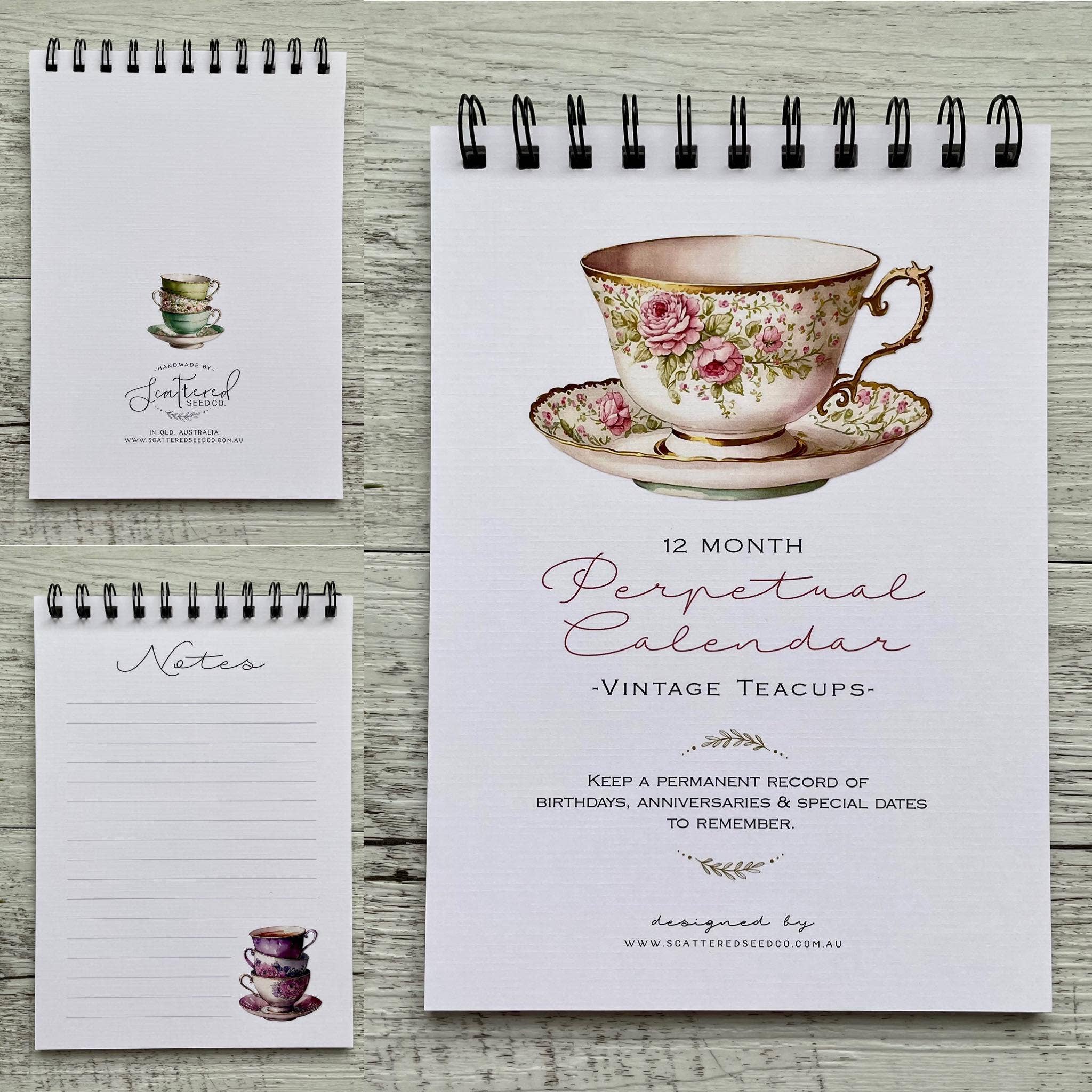 Scattered Seed Co - Wholesale Calendar - Vintage Teacups Perpetual Calendar - Birthday Record book6