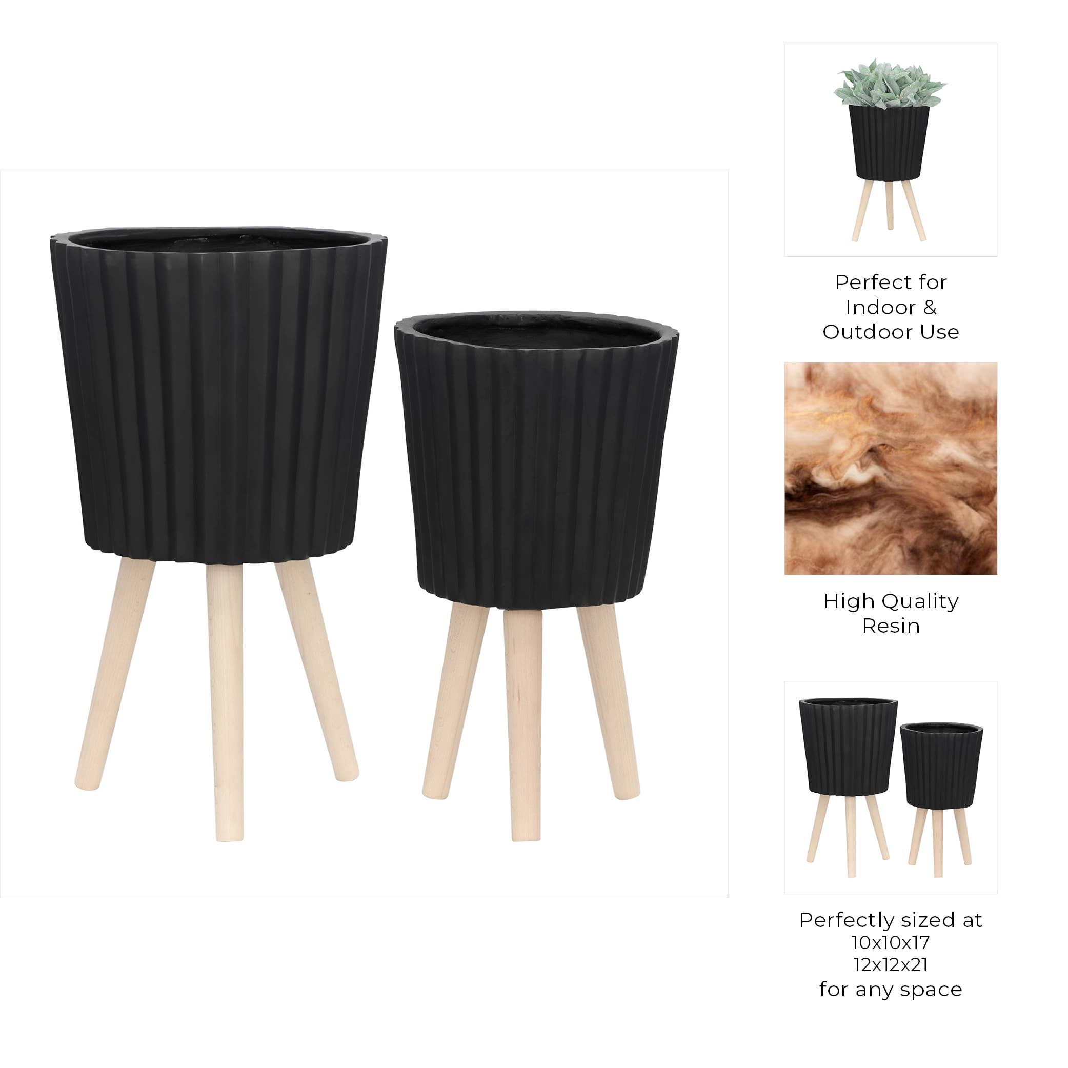 Sagebrook Home - Wholesale Plant Pot - Planters Set of 2 - Black Resin/Wood Legs Ridged, 10/12 in.3