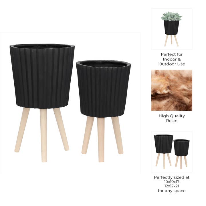 Sagebrook Home - Wholesale Plant Pot - Planters Set of 2 - Black Resin/Wood Legs Ridged, 10/12 in.3