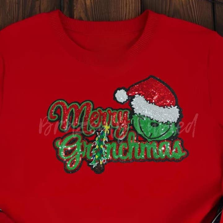 Brazenly Envied - Wholesale Patch - GRINCHY Patch Red and Green Sequins with Black Glitter Backing