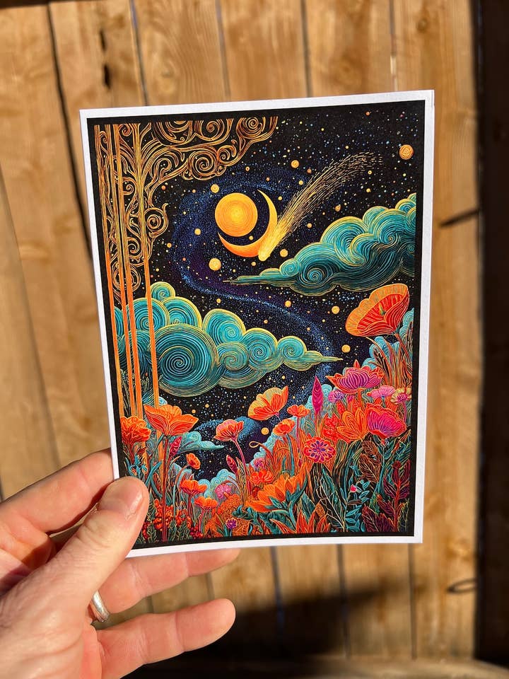 Shooting Star Night Sky Greeting Card - Magical Floral Blank for wholesale by Leafy Greeting Cards