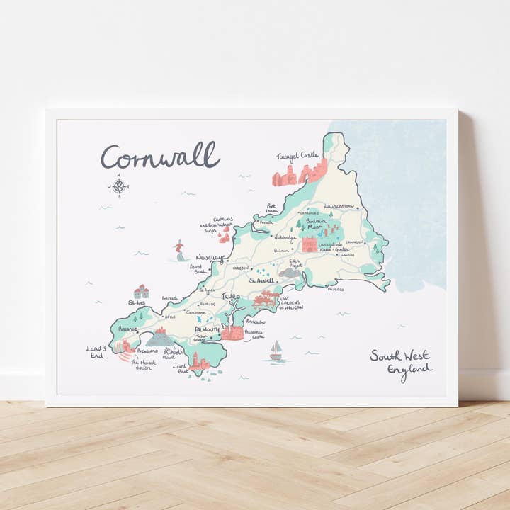 County of Cornwall Illustrated Map, St Ives, Falmouth, Land' for wholesale by Mads Illustration