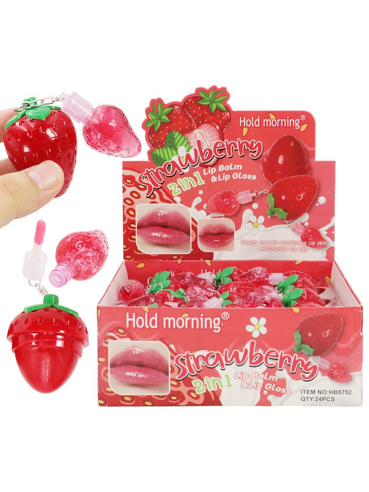 Strawberry 2-in-1 Lip Gloss Lip Balm - 24 Pcs for wholesale by Cap Zone