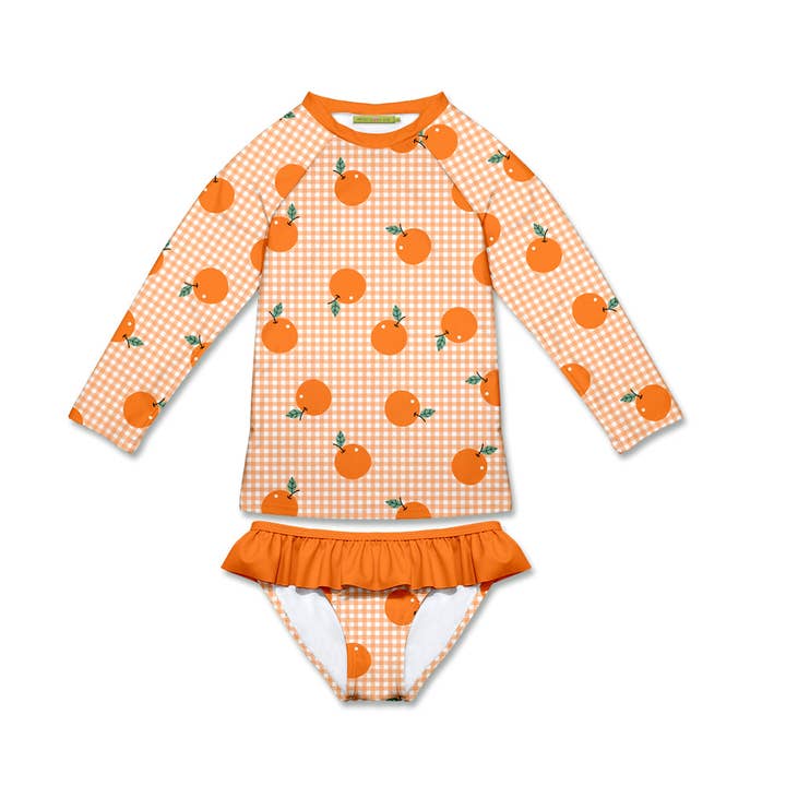 Girls Swim Orange Gingham Oranges Long-Sleeve Rashguard Set for wholesale by Millie Loves Lily