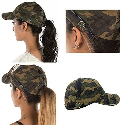 Funky Junque - Vendita all'ingrosso Cappello per coda di cavallo - Donna - Cappellino a coda di cavallo Criss Cross con bottoni (Camo Olive)2
