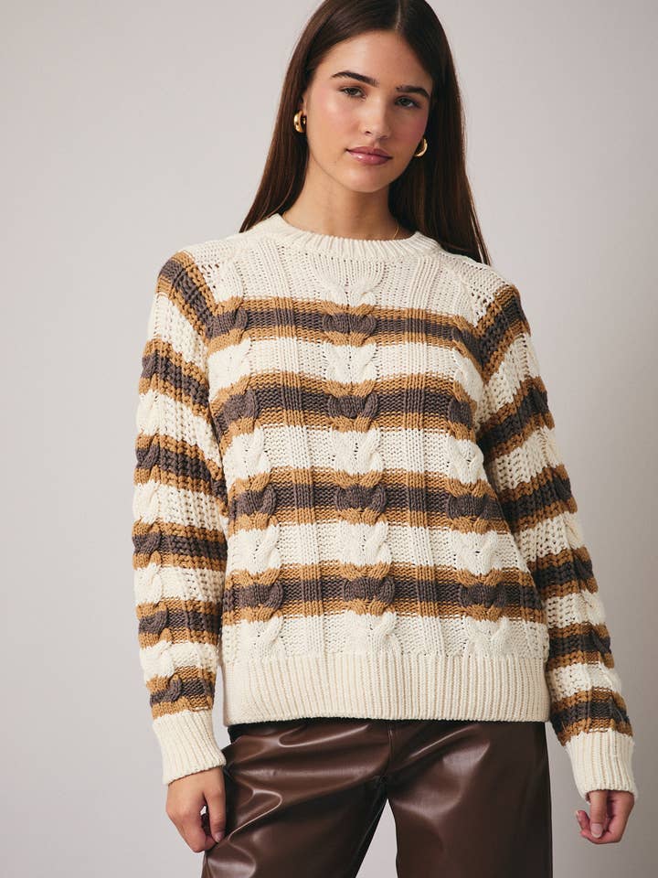 PULL À COL ROND À MANCHES LONGUES À RAYURES ET CÂBLES pour la vente par Sunday Edition by LE LIS