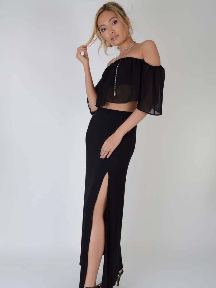 LoveMyStyle – Engroshandel Nederdel - Dame – Lovemystyle Sort Maxi Nederdel Med Dobbelt Side Split0