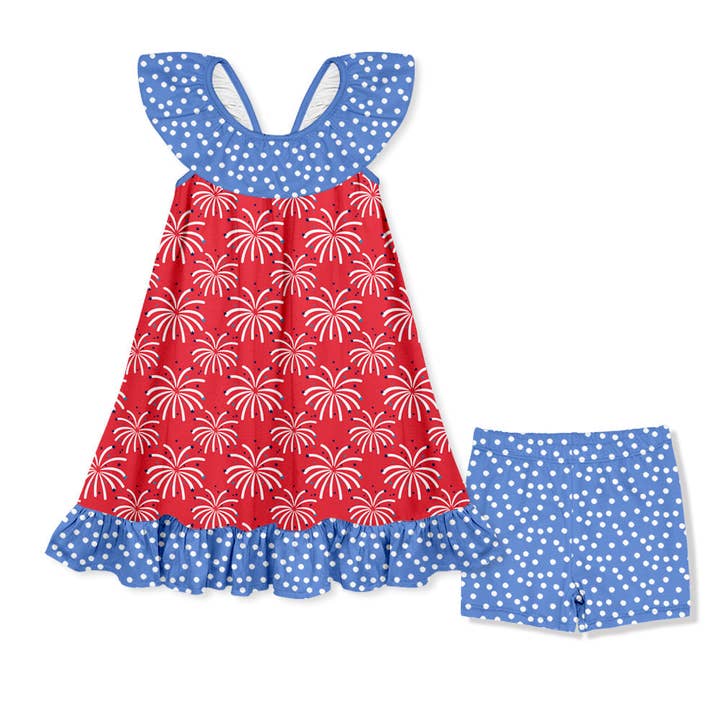 Kids Red Fireworks Ruffle-Hem Yoke Dress & Shorts for wholesale by Millie Loves Lily