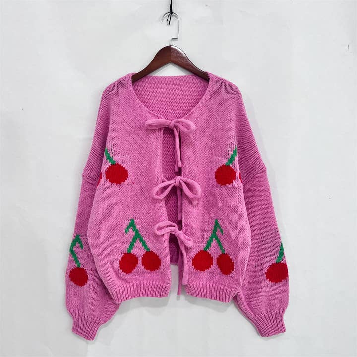 Little Trendy - Wholesale Cardigan - Women's - Bow tie Cherry jacquard knitted cardigan coat
