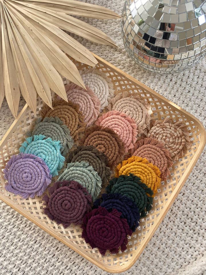 Mini Boho Macrame Car Cup Coasters | Set of 2| Cupholder Coa for wholesale by Pure Bliss Home Decor