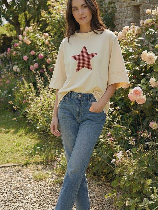 FRENCH TERRY TOP WITH STAR GINGHAM PATCHWORK for wholesale by Kori America