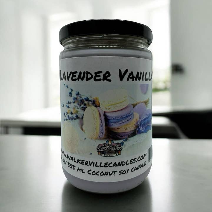 Candela ecologica da 12 oz in cocco e soia alla lavanda e vaniglia per la vendita all'ingrosso da parte di Walkerville Candles