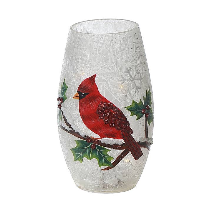 Frosted Holly Berry Cardinal Glass Perch Holiday Vase for wholesale by IH Casa Decor