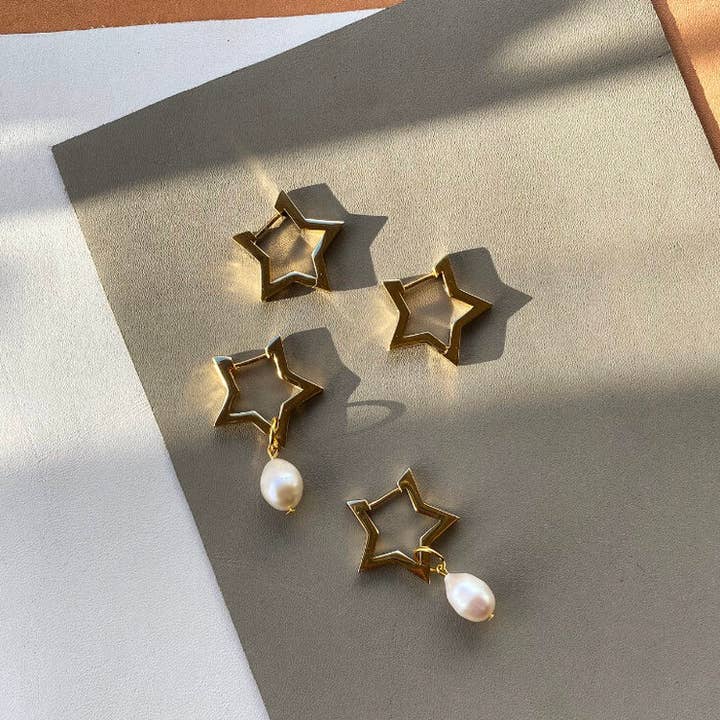 Handmade Freshwater Pearl Star Hoop Earrings for wholesale by Shh by Sadie