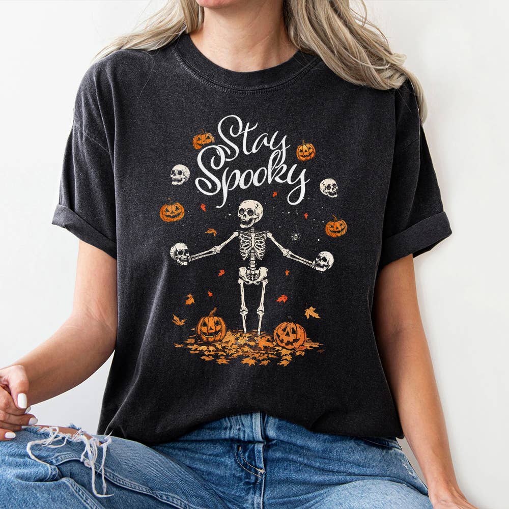 Johnny Threads - Wholesale Screen Printed T-Shirt - Women's - Stay Spooky Halloween Pumpkin & Skeleton Graphic Tee Shirt1