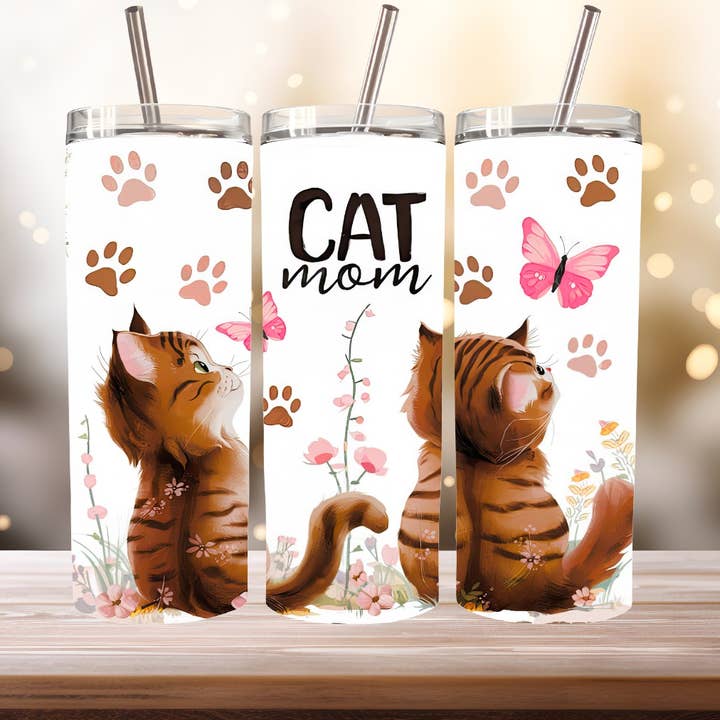 Cat Mom Tumbler, 20 oz. Stainless Steel for wholesale by Stencil Art Canada